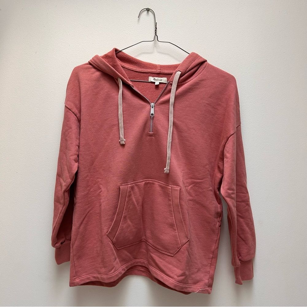Madewell Comfy Salmon Pink Red Cotton Hoodie with Front Zip and Drawstring